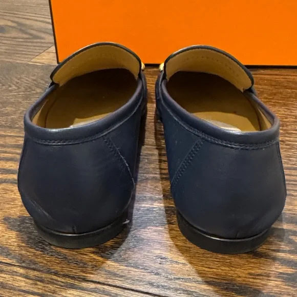 Hermes Colette Navy Blue Loafers with Gold Accent - Picture 8 of 11